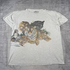 Vintage Nature Shirt Mens XL Grey Vintage 90s Big Cats Wrap Around Distressed